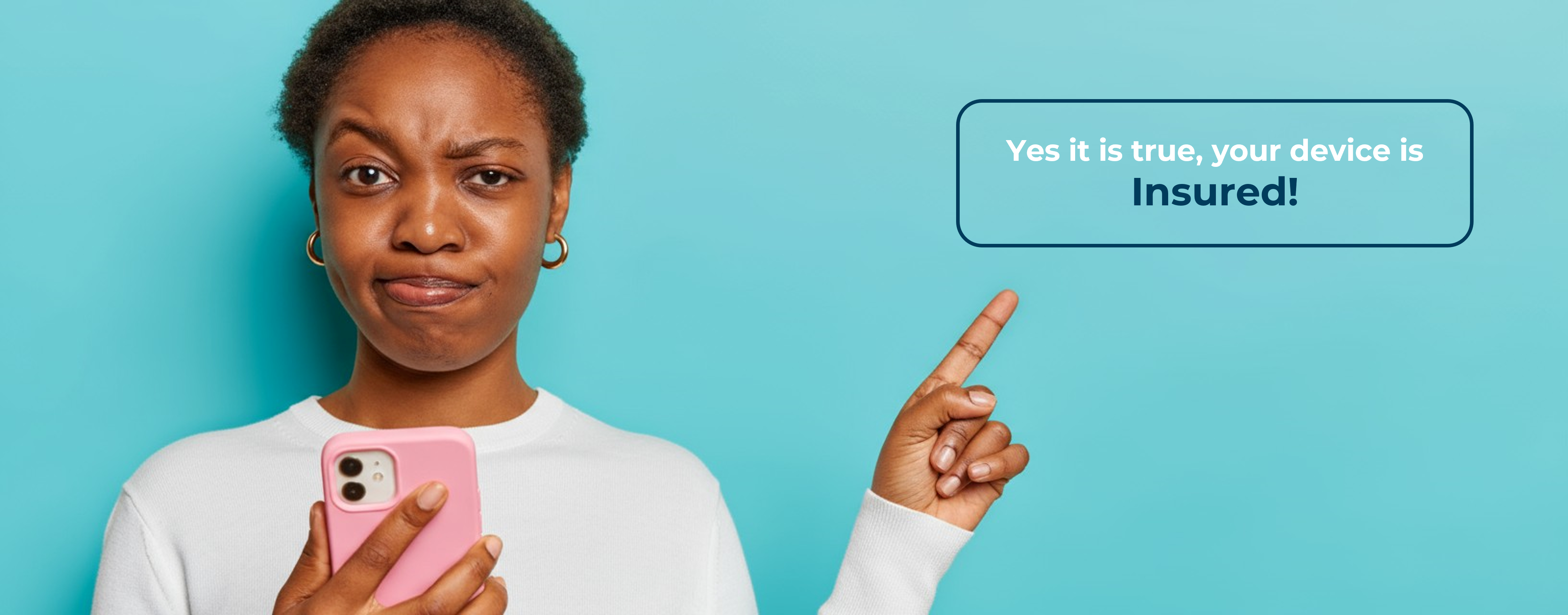 Lady holding with smartphone with hand pointing upwards