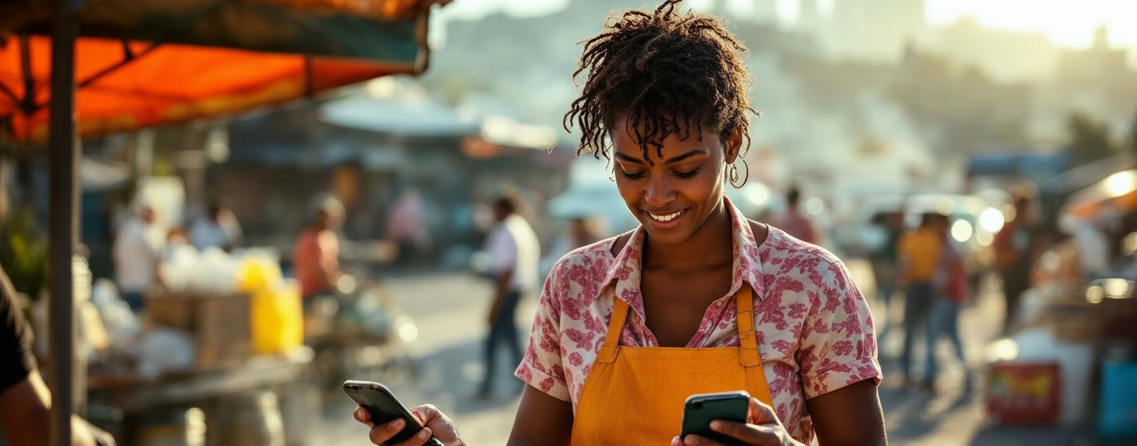 rural busy street market smartphone in hand